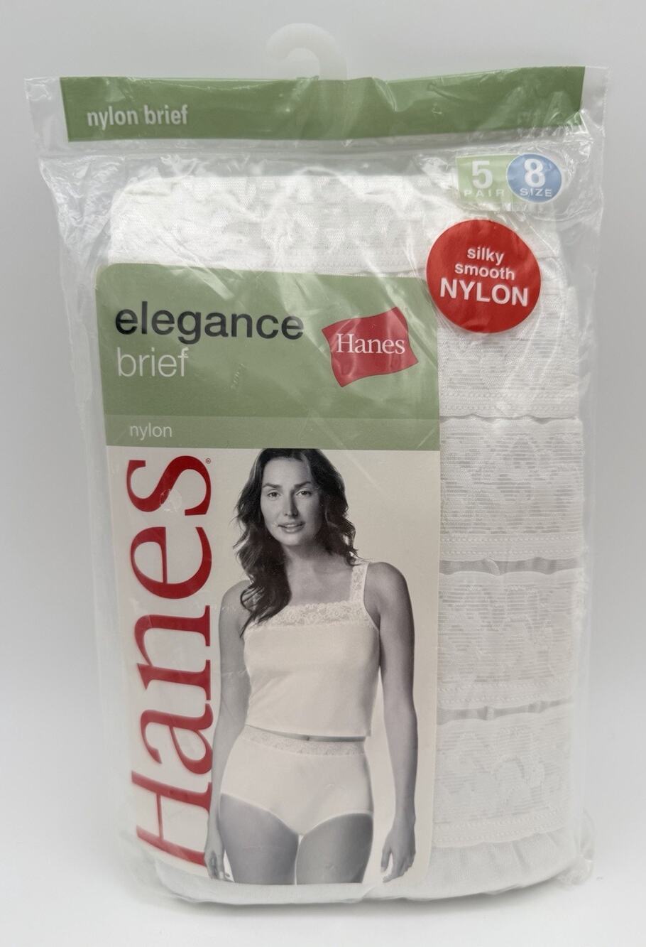 New Vintage 2005 Hanes Elegance 5 Pack Sz 8 Nylon Brief w/Lace Silky Smooth